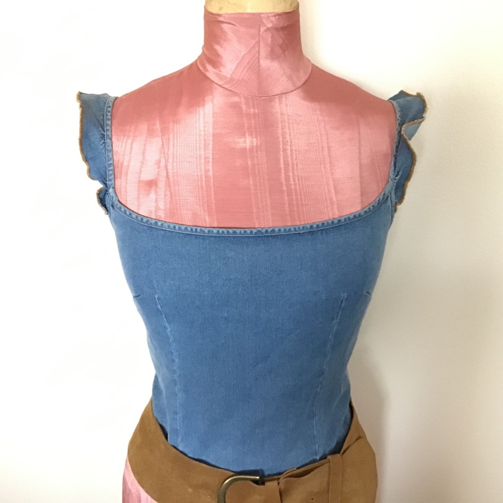 Moschino Jeans Boho Denin Top w/ sunflower trim